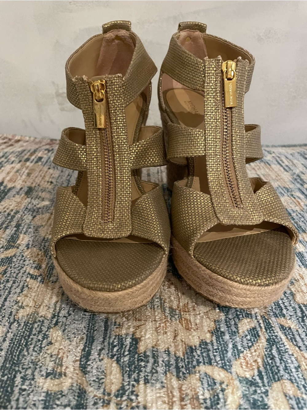 Michael Kors Etta Bronze Gold Metallic Wedge Sandals with Front Zip size 10